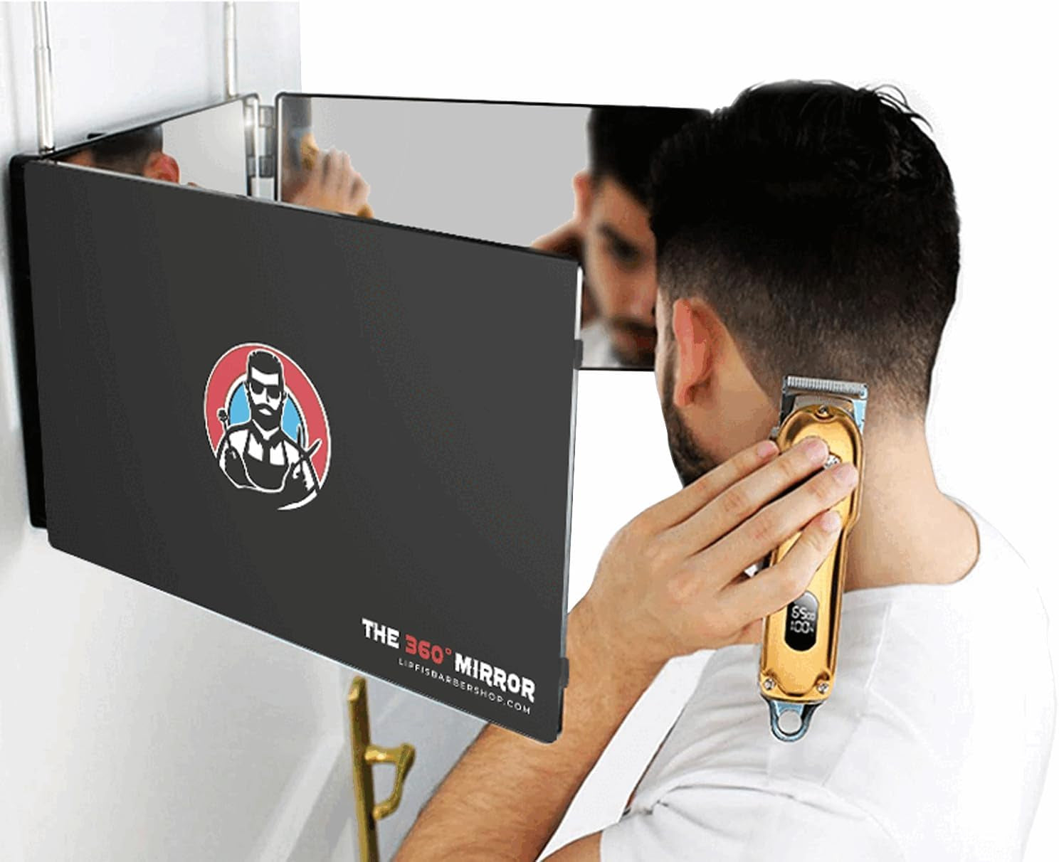 The 360 Mirror - Adjustable Door Mount Telescoping Hooks - Self Haircut Mirror for Men - 3 Way Mirror for Hair Cutting